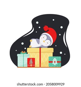 A cute penguin sleeps on gift boxes. Christmas card. Flat design.
