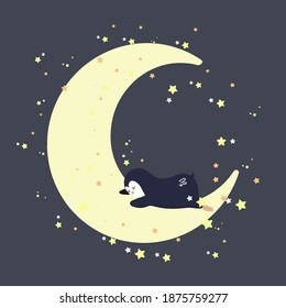 A cute penguin sleeps on the moon among the stars. Cute childish illustration in vector. For printing, interior decoration, postcards.