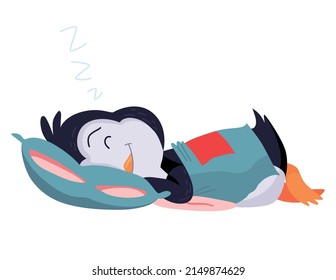 Cute penguin sleeps on pillow. Funny draw character in cartoon style. Adorable wild animal