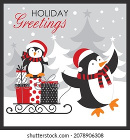 Cute penguin and sleigh for christmas card, gift bag or box design