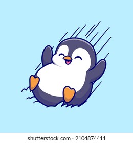 Cute Penguin Sliding On Ice Cartoon Vector Icon Illustration. Animal Nature Icon Concept Isolated Premium Vector. Flat Cartoon Style