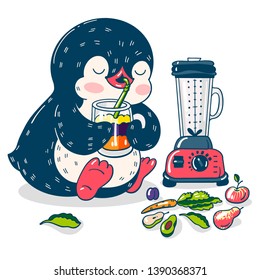 Cute Penguin and smoothie.  Hand-drawn illustration.Watercolor illustration. Vector