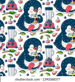 Cute Penguin and smoothie.  Seamless pattern.  Hand-drawn illustration.Watercolor illustration. Vector