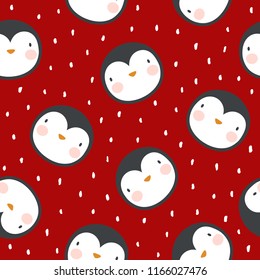 Cute Penguin with Snow Cartoon Seamless Pattern, Winter Animal Background, Christmas Vector illustration