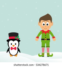 cute penguin with snow and elf