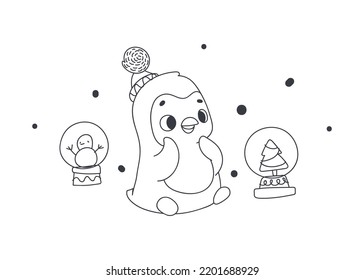 Cute penguin and snow globe. Merry Christmas. line illustration. Vector print for children room, fabric, paper, greeting card, postcard, card, t shirt, poster, textile. Vector illustration