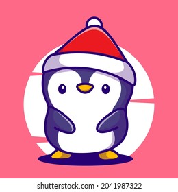 cute penguin with snow hat vector illustration icon.cartoon premium quality