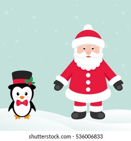 cute penguin with snow and santa claus