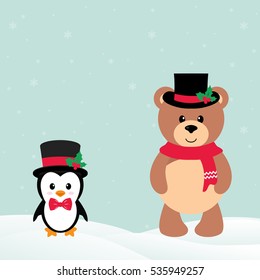 cute penguin with snow and teddy
