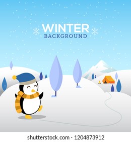 Cute Penguin in snow with winter nature background landscape