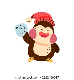 Cute penguin with snowball illustrations isolated on white background. christmas quote ,happy winter ,Cartoon suitable for, print, sublimation, shirt, postcard, printable, stationery ,kids ,etc.