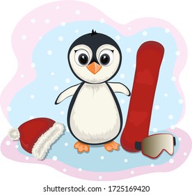 Cute penguin snowboarder. Postcard. Colorful vector illustration.