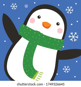 Cute Penguin with snowfall on blue background
