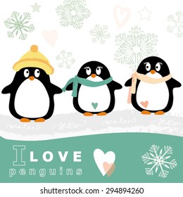 Cute Penguin Snowflake Winter Love Vector Illustration