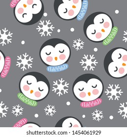 Cute Penguin in snowflakes background  seamless pattern. Baby winter clothing water color texture. 