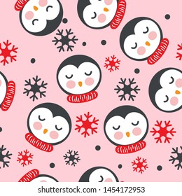 Cute Penguin in snowflakes background  seamless pattern. Baby winter clothing water color texture. 