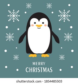 Cute penguin and snowflakes. Christmas greeting card. Vector