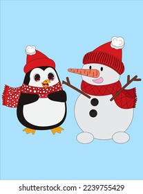 Cute penguin with snowman Christmas vector