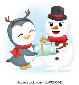 Cute penguin and snowman with gift box, Christmas season illustration.