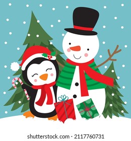 Cute Penguin and Cute Snowman Happy Together