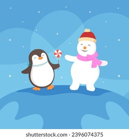 Cute penguin and snowman playing in winter, Merry Christmas and New Year