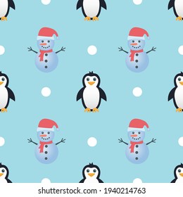 Cute penguin and snowman seamless pattern vector on light blue background for baby and children fabric, cloth, backdrop, wallpaper, wrapping paper. New year, and winter concept.