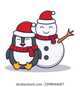Cute Penguin With Snowman Vector Illustration Isolated On White Background