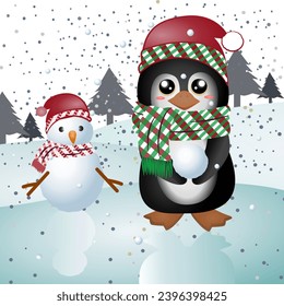 A cute penguin and a snowman wearing scarves and knitted hats stand on frozen water with a snowy winter background