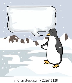 Cute Penguin with a speech bubble, in a arctic landscape, vector illustration