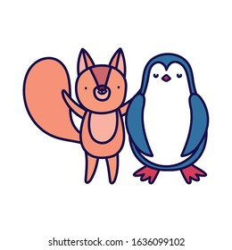 cute penguin and squirrel cartoon on white background vector illustration