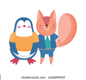cute penguin and squirrel with clothes cartoon on white background vector illustration