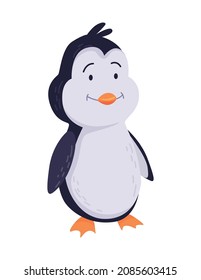 Cute penguin stand and smile. Funny draw character in cartoon style. Adorable wild animal