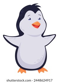 Cute penguin stand and smile. Funny draw character in cartoon style. Adorable wild animal. Vector illustration