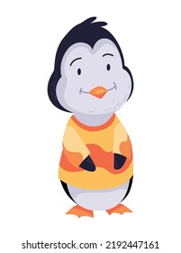 Cute penguin stand in warm clothes. Funny draw character in cartoon style. Adorable wild animal