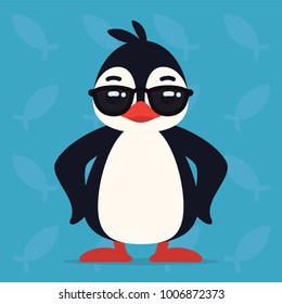 Cute penguin standing in cool pose. Vector illustration of arctic bird in sunglasses shows awesome emotion. Emoji. Smiley icon. Print, chat, communication. Penguin in flat cartoon style.