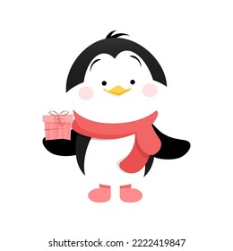 Cute penguin standing and holding 1 pink gift