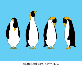 Cute penguin standing on blue background, animal illustration.