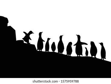 Cute penguin standing on glaciers, Black silhouette of a penguin, Antarctica background, Arctic animals of North pole Arctic