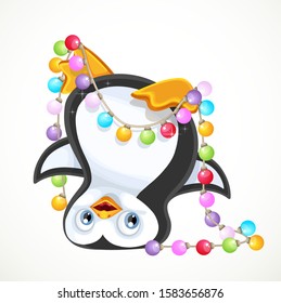 Cute penguin standing on his head tangled in a New Year's garland isolated on white background