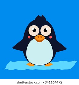 Cute Penguin Standing on Ice. Vector Illustartion