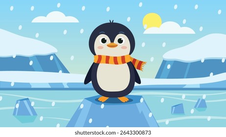 Cute Penguin Standing on Iceberg – Snowy Winter Arctic Vector Illustration
