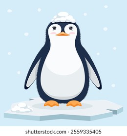 Cute penguin standing on snowy ice floe with fluffy snow on its head. Soft pastel colors and minimalistic cartoon style. Snowflakes gently falling in the background create calm Arctic winter scene.