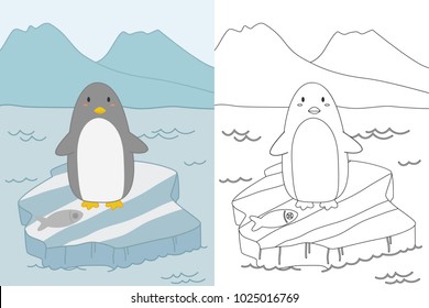 cute penguin standing on top of ice floe cartoon vector. Printable coloring page for kids template cartoon vector.