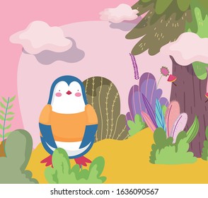 cute penguin standing with shirt cartoon character forest foliage nature landscape vector illustration