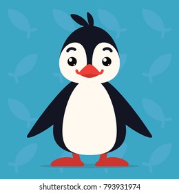 Cute penguin standing and smiling. Vector illustration of arctic bird shows happy emotion. Smile emoji. Smiley icon. Print, chat, communication. Penguin in flat cartoon style on blue background.