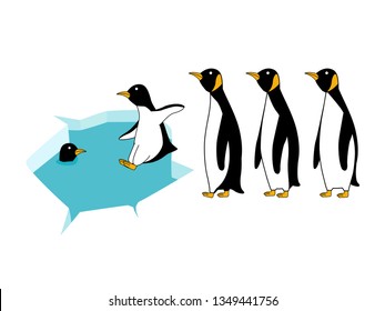 Cute penguin standing and swimming on landscapes of the Antarctic background, animal illustration.