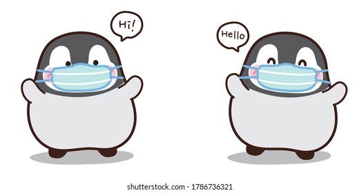 Cute penguin standing wearing face mask protect virus.COVID-19,coronavirus concept.Social distance.Cartoon animals doodle design.Kawaii.Vector.Illustration.Illustrator.