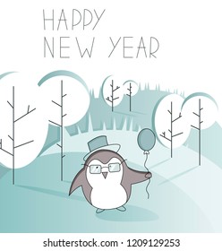 Cute penguin standing in the winter forest wearing a stunning hat