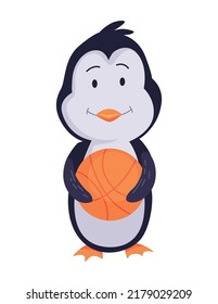 Cute penguin stands with basketball. Funny draw character in cartoon style. Adorable wild animal