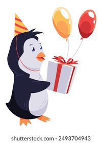 Cute penguin stands with giftbox and balloon. Funny draw character in cartoon style. Adorable wild animal. Vector illustration